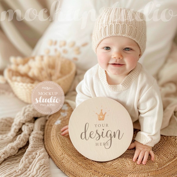 Baby Milestone Wooden Sign Mockup, Digital PSD Template for Baby Photography, Round Monthly Milestone Plaque