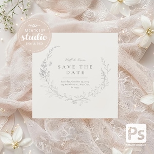 Elegant huwelijksuitnodigingsmodel, neutrale tinten bloemenkantontwerp, aanpasbare PSD-sjabloon voor smart-objecten, kaartmodel babyshowerfeestje