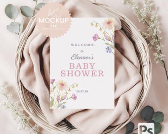 Baby Shower Invitation Mockup, Delicate Baby Girl Invitation Card (PSD)
