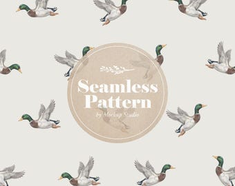 Vintage Watercolor Duck Seamless Pattern, Flying Mallards Digital Download
