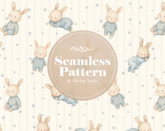Modèle numérique sans couture pour enfants - lapin endormi, impression textile minimaliste pour chambre d'enfant