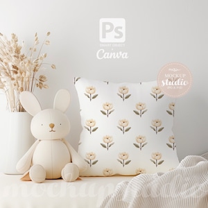 Nursery Pillow Cover Mockup, Digital PSD Display, Square Pillow Neutral Kids Room Decor MOCKUP,  Pillow Template