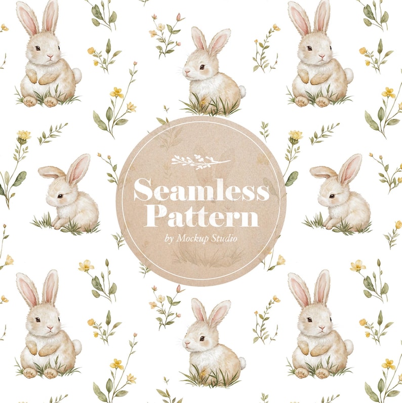 Peut inclure: Motif sans couture avec des illustrations &agrave; l'aquarelle de lapins mignons, d'herbe et de fleurs jaunes. Le motif comprend le texte "Seamless Pattern" dans un cadre circulaire. Design charmant et r&eacute;p&eacute;titif.
