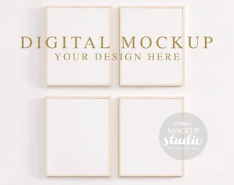 WOODEN FRAME & Gallery Wall Home Interior Nursery Poster MOCKUP, Psd Smart Object Four Frame Mockup