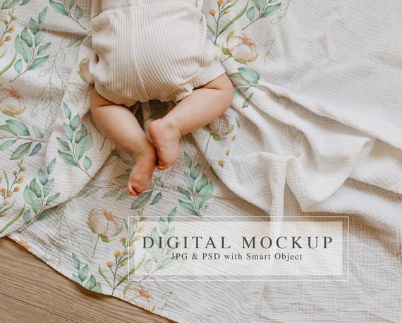 Baby Blanket Mockup, Infant Muslin Blanket Mockup Boho, Farmhouse Mock-up,  PSD Smart Object Mockup, Country Chic Cotton Blanket Mock-up 