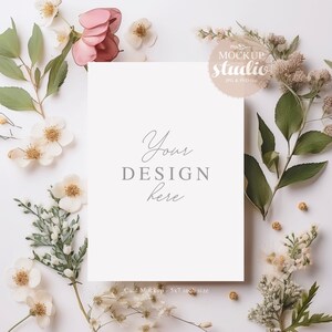 Wedding Invitation Card Mockup, Greeting Card Botanical Mock-up, 5x7 Wedding Invite PSD Mock up, Retro Floral Wedding Stationery Mock image 2