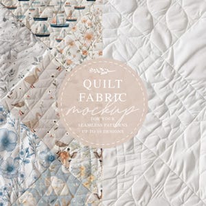 Könnte beinhalten: Ein Mockup eines Quiltstoffs mit verschiedenen Mustern. Die Muster umfassen ein Blumenmuster, ein Muster mit Gänsen, ein Muster mit Booten und ein Muster mit Giraffen und Elefanten. Der Text "QUILT FABRIC MOCKUP FOR YOUR SEAMLESS PATTERNS UP TO 10 DESIGNS" befindet sich auf einem Kreis in der Mitte des Bildes.