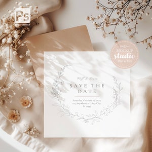 MOCKUP de convite de casamento, mock-up de cartão quadrado minimalista neutro Boho, PSD de papelaria estilizado e download digital PNG Flat-Lay