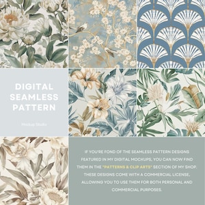 K&ouml;nnte beinhalten: Eine Sammlung digitaler nahtloser Muster mit floralen und botanischen Designs. Die Muster umfassen Pfingstrosen, tropische Bl&auml;tter und Art-Deco-F&auml;cherformen in verschiedenen Farbpaletten, darunter Blau, Gr&uuml;n und neutrale T&ouml;ne. Der Text auf dem Bild lautet "DIGITAL SEAMLESS PATTERN".
