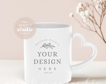 Heart-Shaped Mug Mockup, White Mug Design (PSD)