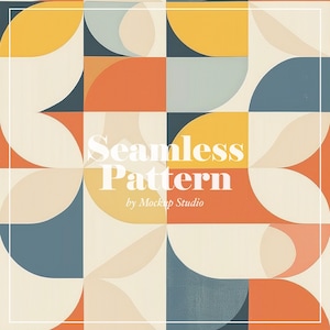 May include: A seamless pattern featuring geometric shapes in shades of yellow, orange, blue, and cream. The pattern is repeated throughout the image. The text "Seamless Pattern by Mockup Studio" is centred in the image.