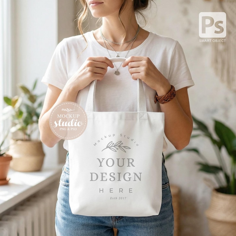 May include: A white tote bag with the text "YOUR DESIGN HERE" in gray, held by a person. The bag has a simple design with handles and the words "Mockup Studio" and "Estb 2017". The background includes plants and natural light.