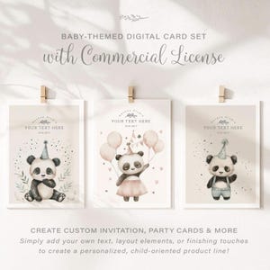 Conjunto de cartões postais digitais com tema de bebê e licença comercial, ilustração de panda bebê em aquarela, crie seus próprios cartões
