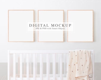 Cream Tones Nursery Mockup, Set Of Three Frames Mockup, Baby Interior Mock Up, PSD Smart Object Mockup, Nursery Posters Mockup