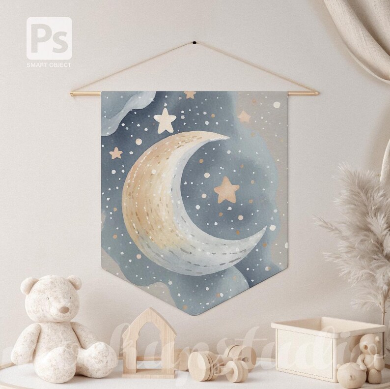 May include: A blue and gold crescent moon with stars on a blue background. The moon and stars are painted in a watercolor style. The background is a soft blue with white clouds. The image is a wall hanging.