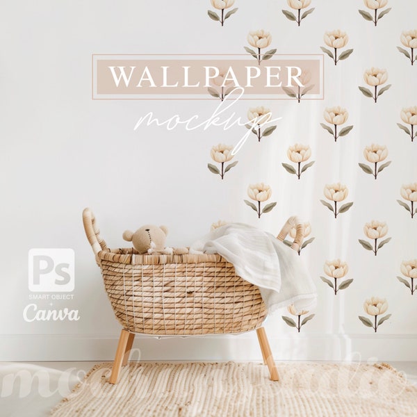 Nursery Wallpaper MOCKUP, Canva Compatible PNG, Simple Chic Baby Room Wall Mock-up, Soft Neutral Tones, PSD Digital Download