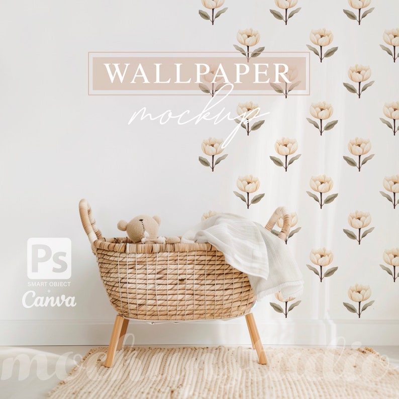 May include: A white wall with a wallpaper mockup featuring a repeating pattern of beige flowers. A wicker basket with a teddy bear inside sits in front of the wall.