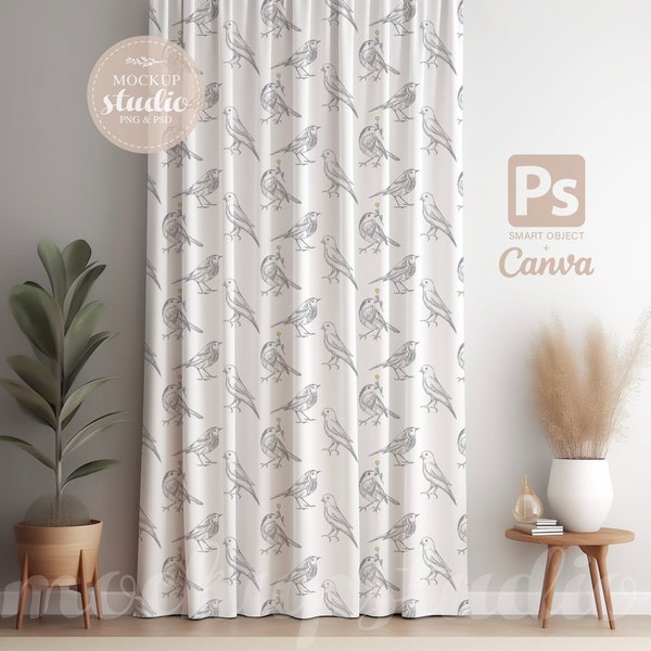 Elegant White Blackout Curtain Panel MOCKUP, Modern Minimalist Curtains PSD Mockup, Boho Custom Living Room Bedroom Window Curtains