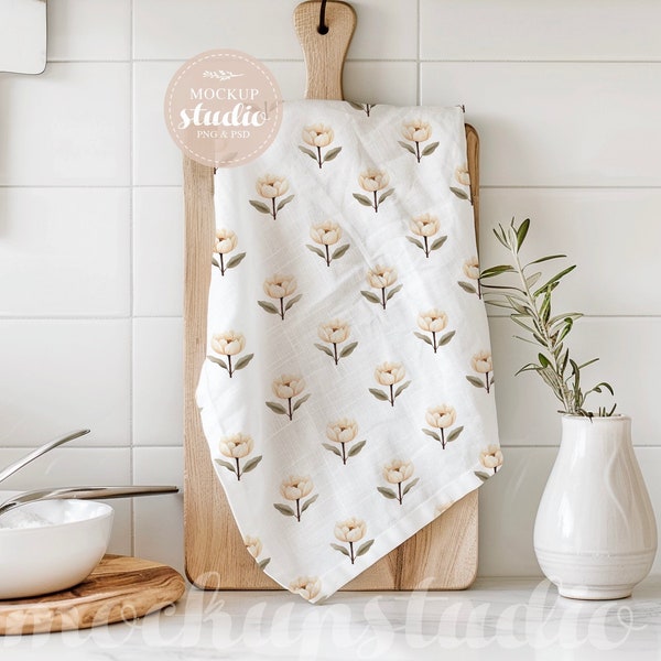 Rustic Kitchen Tea Towel MOCKUP, Styled Dish Cloth Display, PSd Digital Download, Neutral Home Decor, Farmhouse Design Presentation