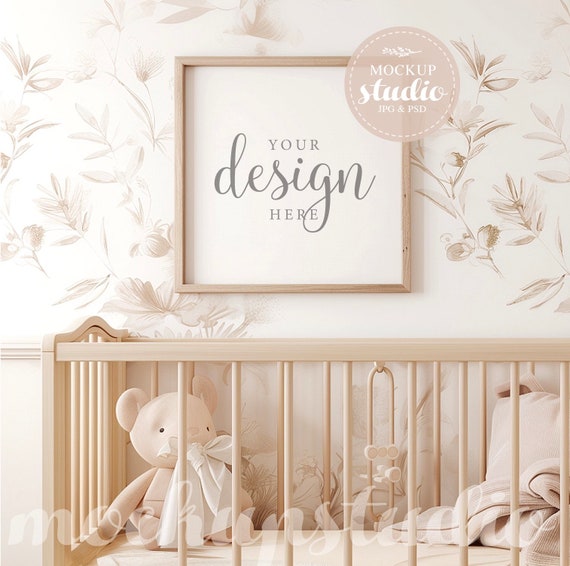 Square Wooden Frame Nursery Mockup, Wall Art Display (Digital Download)