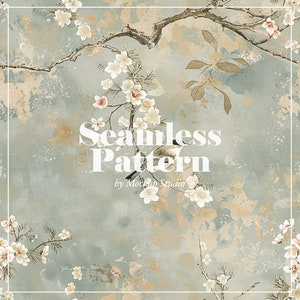 Motivo floreale vintage con uccelli senza soluzione di continuità, carta digitale ispirata all'arte giapponese retrò, uso commerciale, sfondo per scrapbooking, motivo stampabile