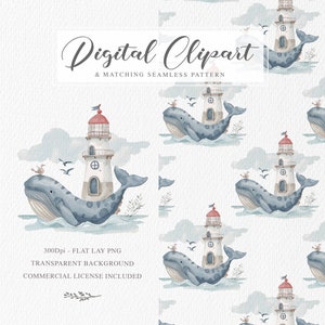 Kinder Nautik Clipart, Wal und Leuchtturm Digitale Illustration, niedliche Meer Leben Muster