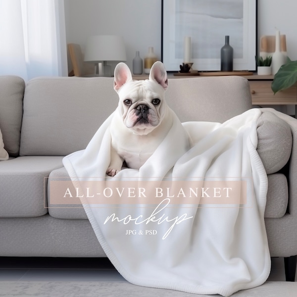 Fleece Blanket Mockup, White Fleece Blanket Mock-up, Pet Blanket Mock up, PSD Smart Object, Bulldog Blanket Mockup