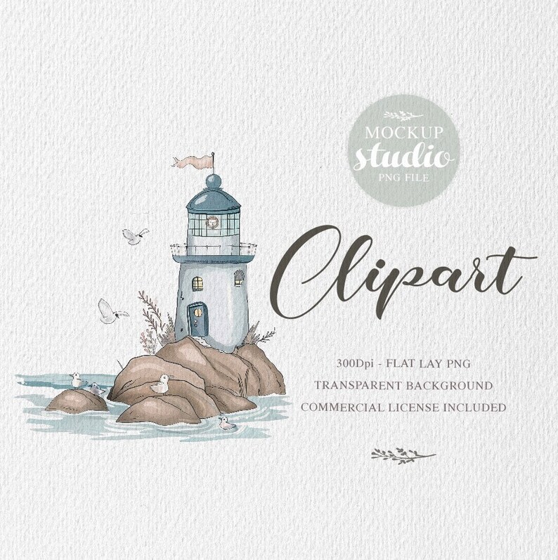 Cursive Lighthouse Nautical Lighthouse Clipart and Seamless Pattern, Ocean Theme (digital ...