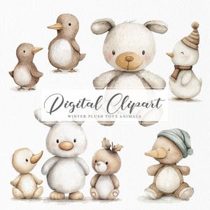 Conjunto de clipart de animais fofos de inverno para download digital, brinquedos de pelúcia em aquarela, arte digital para artesanato de scrapbooking, projetos infantis