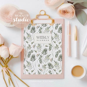 Mockup di blocco note con appunti, cancelleria per ufficio femminile elegante e estetica in blush e oro, mockup di blocco note con appunti, mockup PSD di pianificatore digitale