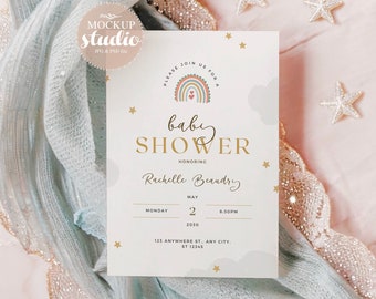 Birthday Party Card Mock-up, Baby Shower Invite Mockup, Greeting Card Mockup, 5x7 Invitation Mock-up, Dust Blue and Blush Wedding Card