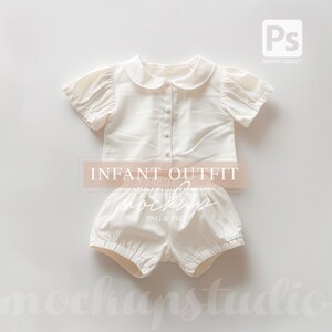 May include: White infant outfit mockup featuring a short-sleeved button-up shirt with a peter pan collar and a pair of white bloomers. The outfit is laid flat on a white background.  INFANT OUTFIT MOCKUP PNG & PSD