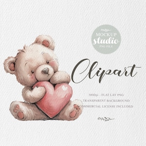 Urso de pelúcia fofo clipart de dia dos namorados, download digital, design de urso de coração de amor, ilustração romântica, desenhado à mão, imagem de brinquedo de pelúcia
