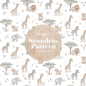 May include: A seamless pattern featuring hand-drawn illustrations of safari animals, including zebras, giraffes, lions, elephants, and lion cubs, set against a white background with trees and flowers. The text "Seamless Pattern" is in a circular design.