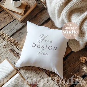 Farmhouse Pillow Mockup, Square PSD, Styled Stock Photography