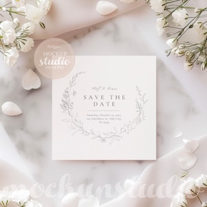 Maquette de carte de mariage tons doux, maquette de faire-part de mariage carré PSD, maquette de carte de mariage modifiable, maquette de mariage floral élégant