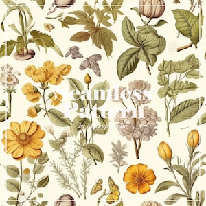 Vintage botanisches nahtloses Muster, Senf und grüner Stoff mit Blumendruck, Natur inspirierte Textilien, klassische Pflanzen- und Blumendesigns
