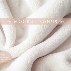 May include: White fleece blanket texture, flat lay, mockup bonus, free stock image, PNG file