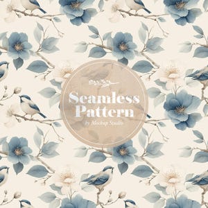 May include: A seamless pattern featuring blue and white flowers, birds, and branches on a cream background. The design includes the text "Seamless Pattern" in a circular frame. The overall aesthetic is soft and watercolor-like.