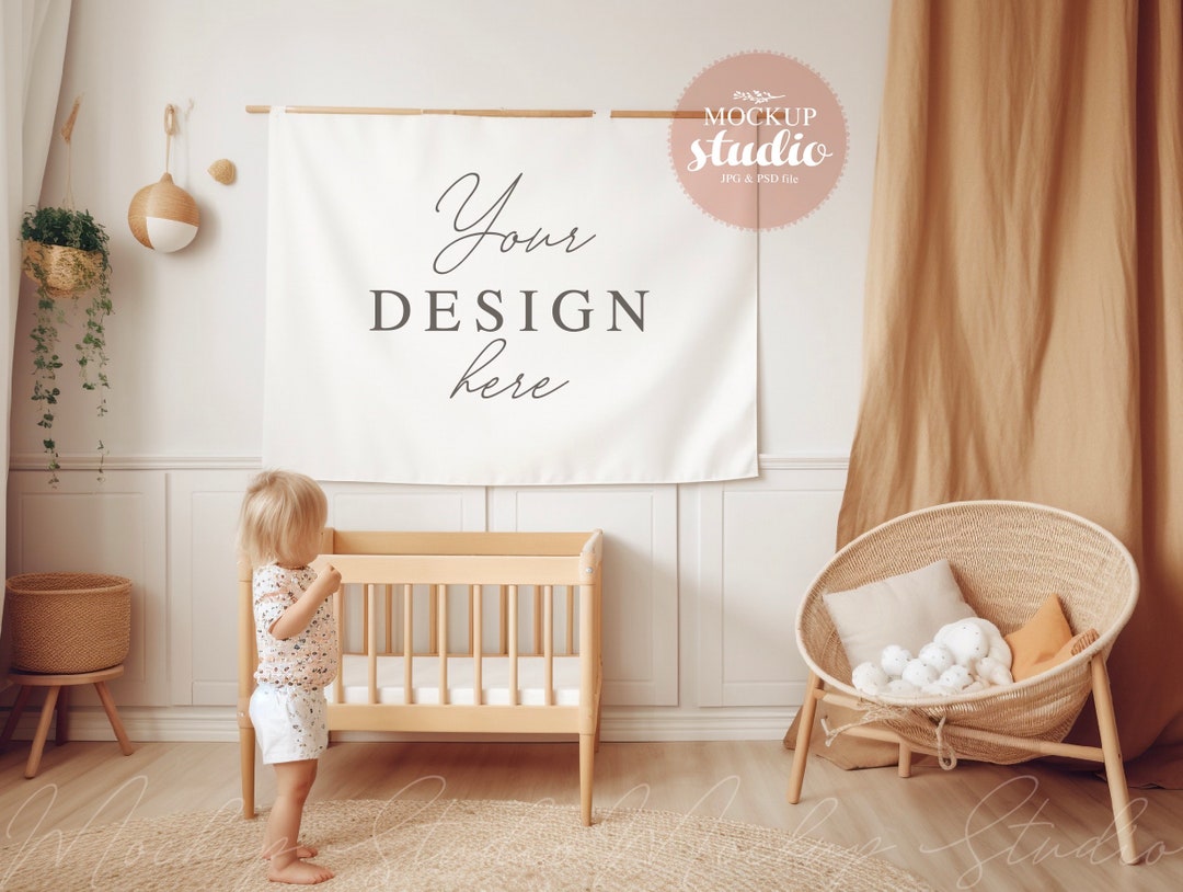 Nursery Wall Tapestry Mockup, PSD Smart Object, Boho Playroom Tapestry