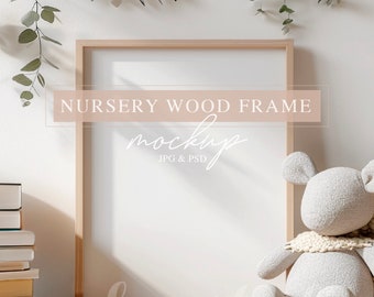 Nursery Frame Mockup, Wood Frame Kids Mockup, Cream Tones Baby Interior Mock Up, PSD Smart Object Mockup, Kids Vertical Frame Mock-up Boho