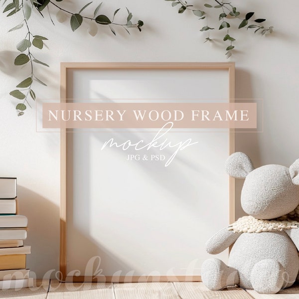 Nursery Frame Mockup, Wood Frame Kids Mockup, Cream Tones Baby Interior Mock Up, PSD Smart Object Mockup, Kids Vertical Frame Mock-up Boho