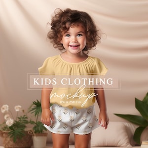 Kids Clothing Mockup, Toddler Blouse and Shorts Mockup, Girls Summer Outfit Mockup, PSD smart Object, Childrens Clothing Mockup