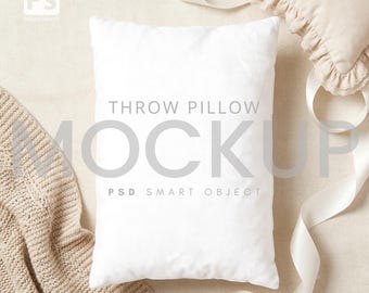 Maquette de coussin blanc, ruban de satin personnalisable, tons neutres (objet intelligent PSD)