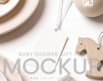 Étiquette vierge avec maquette de ruban blanc : modèle PSD d'étiquette-cadeau pour baby shower (2 x 3,5 pouces)
