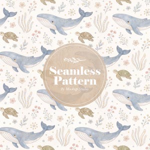 May include: A seamless pattern featuring watercolor illustrations of whales, sea turtles, flowers, and seaweed in soft blue, beige, and pink hues. The design includes the text "Seamless Pattern" by Mockup Studio.