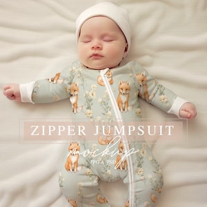 Baby Zipper JUMPSUIT MOCKUP - Long Sleeve Modern Baby Outfit SLEEPER Mockup - Zippy Sleeper psd Smart Object Mock