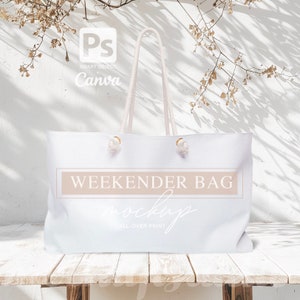 Weekender Bag Minimalist Mockup, bearbeitbares White Tote Design PSD und PNG auf Leinwand geeignet, Reisetasche PSD Mockup