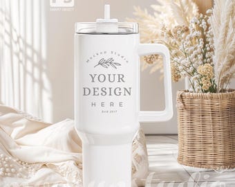 40oz White Tumbler Mockup: Travel Mug PSD, Etsy Branding (Digital Download)
