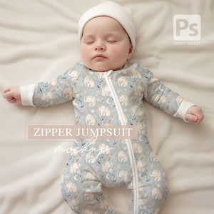 Baby Zipper JUMPSUIT MOCKUP - Long Sleeve Modern Baby Outfit SLEEPER Mockup - Zippy Sleeper psd Smart Object Mock